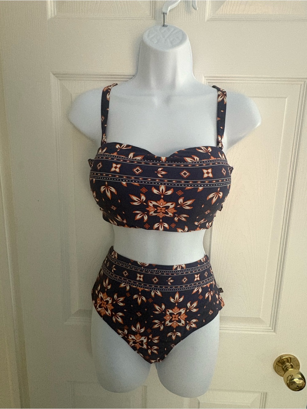La Vie En Rose Navy Blue and Coral Floral High-Waist Bikini